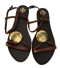 NWOB Tory Burch Patos Sandal Multi Strap Brown Leather Gold Medallion Size 8M