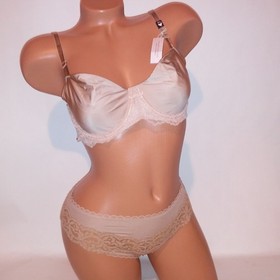 Victoria Secret Bra Set 36C Push Up Without Padding Medium Panty Beige Solid New