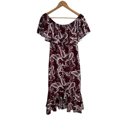 Lularoe Womens Dress Large Burgundy Paisley Off The Shoulder Midi Tiered Holiday