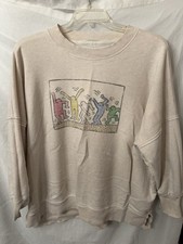 Women  s Aerie Sweatshirt Graphic Oversized Boxy Size M Oatmeal Dancing Men