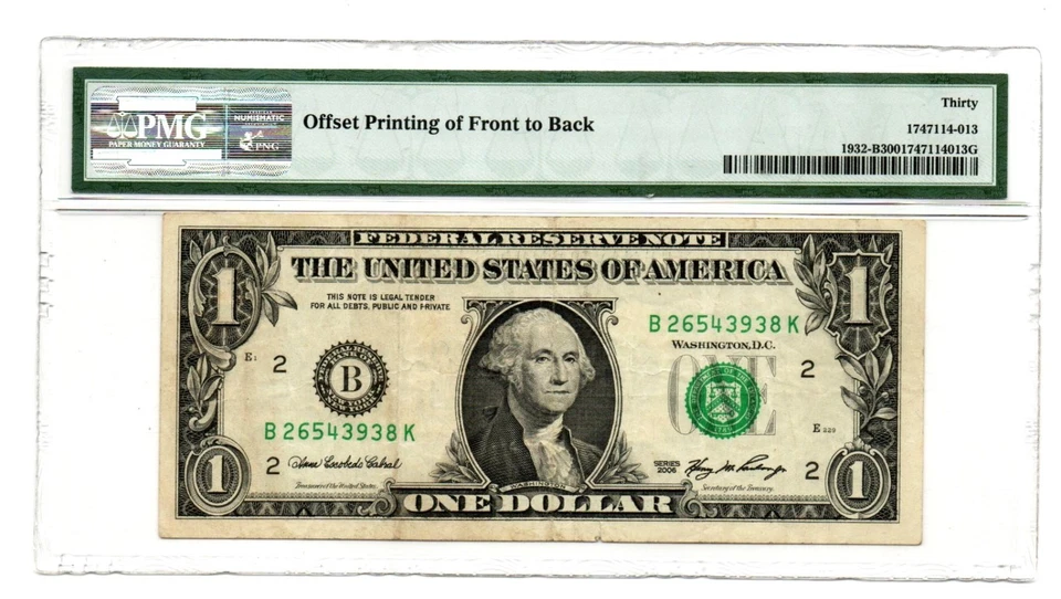 Fr. 1932-B 2006 Federal Reserve Error Note Offset Printing error PMG VF 30 - Image 2 of 2