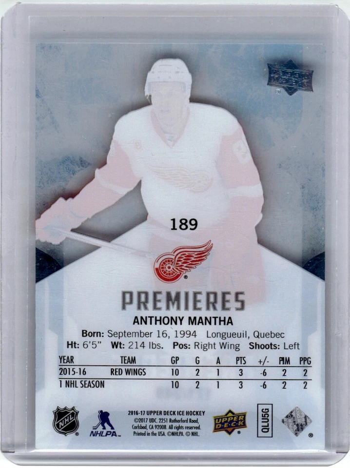 2016-17 Upper Deck ICE Anthony Mantha RC 171/249 Detroit Red Wings #189 - Image 2 of 2