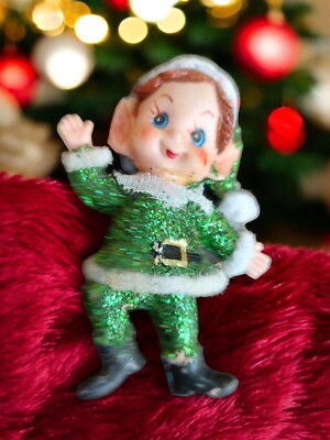 Vintage Santa's Elf  - Plastic Elf  Pixie Flocked  Green Glitter Suit