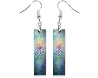 Earrings, Blue Floral Print Wood Bar Printed Earrings Jewelry