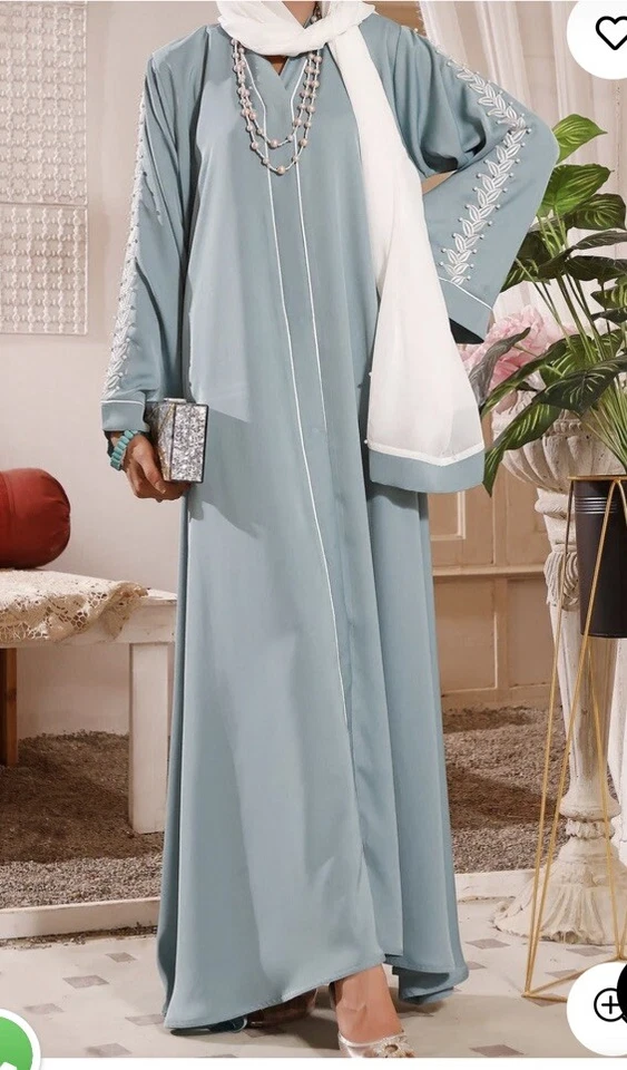 Elegante Vestido Abaya Musulmán Modesto Perlas Elegante Ramadán 56”L Ropa Islámica Foto 3 de 3