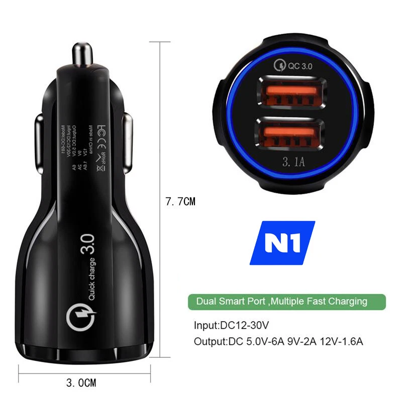Dual USB Fast Car Charger QC3.0 Certified Quick 2-USB Port Charge Dual 36W Black - Image 3 of 4