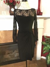 NWT Chaps Women’s Beautiful Black Dress Lace Chest & Sleeves Side Knot Waist XS