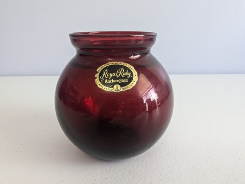 Anchor Hocking Royal Ruby Red Round Ball 4" Ivy Glass Bowl Vase Candle Vintage