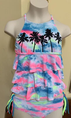 Nwt Justice Tropical High Neck Tie Dye Tierred Tankini Size & Bikini Bottom Sz10 - Image 1 of 4