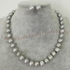 Real Natural 7-10mm Gray Freshwater Baroque Cultured Pearl Necklace Earring Set