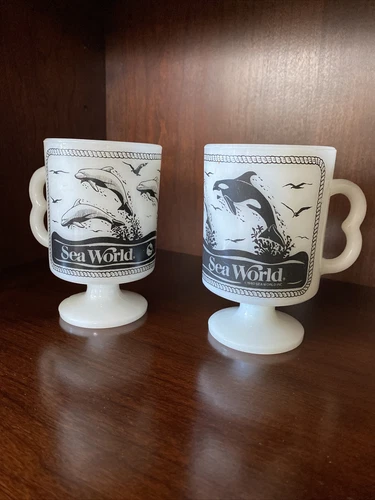 Set Of Vintage Fire King Mug Anchor Hocking Milk Glass Sea World Coffee Cup Rare