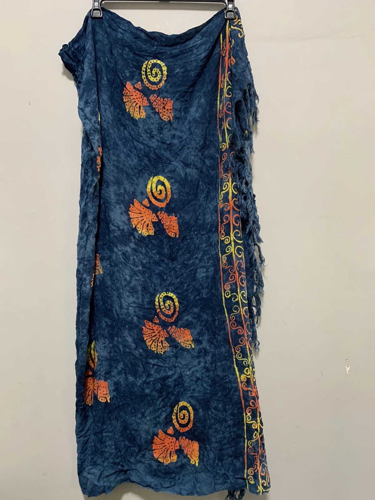 Vintage 45" x 52” Scarf BALI MOON Wrap Blue Orange Batik Hippie Boho Shells