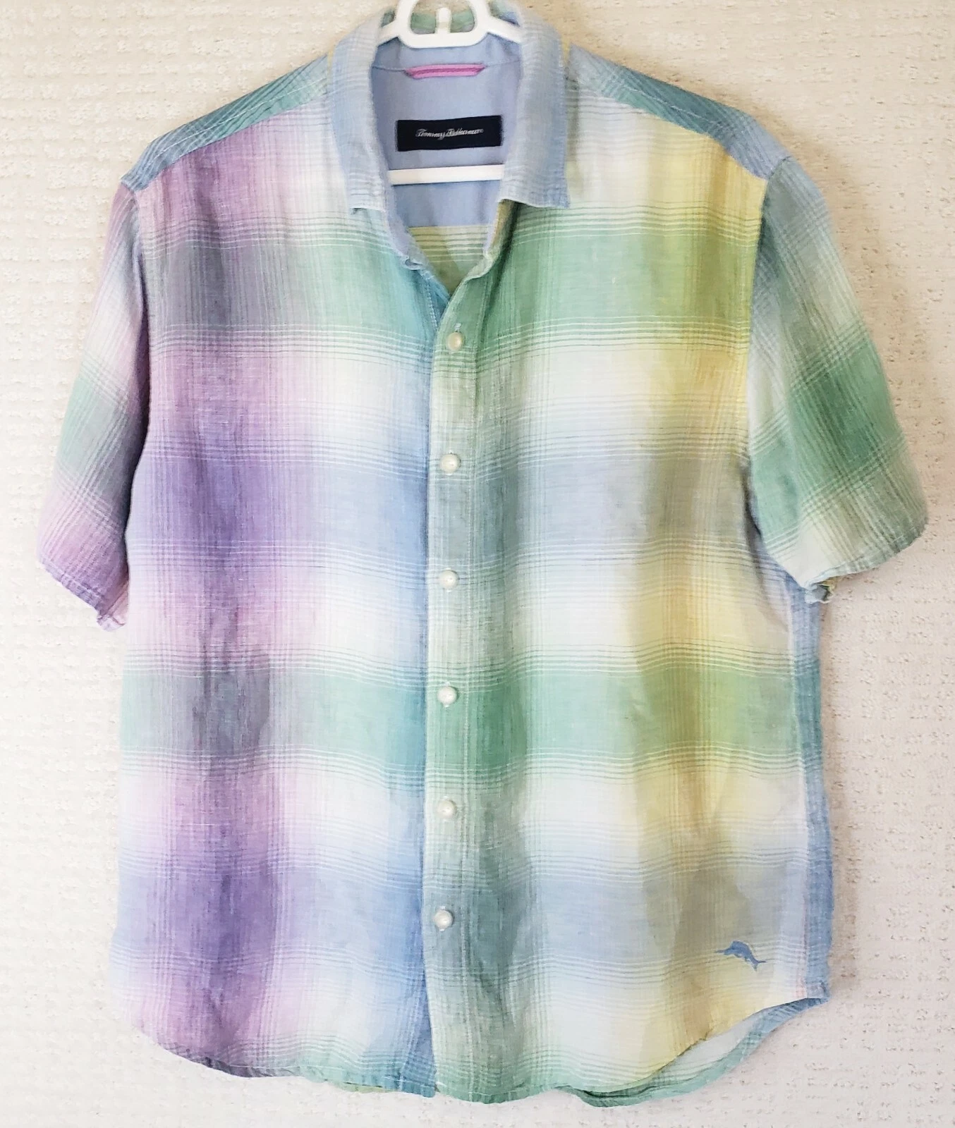 Tommy Bahama Men's M Purple Multicolor Plaid 100% Linen Short Sl Shirt Fish Logo