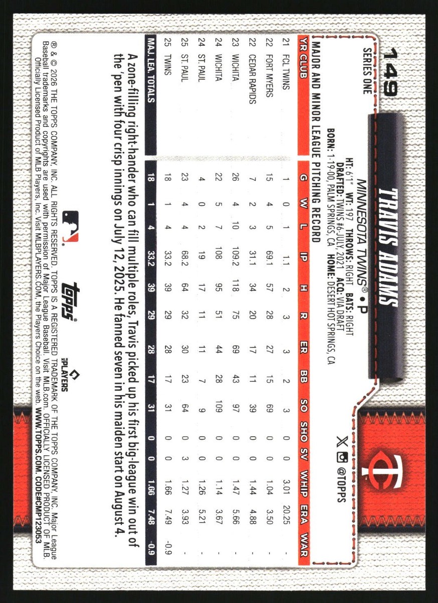 2026 Topps Series One Travis Adams #149 Baseball Card | eBay