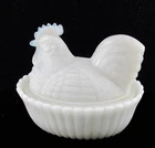 Hen / Rooster on Nest Wide Rib Vintage Candy Dish Milk Glass Glossy