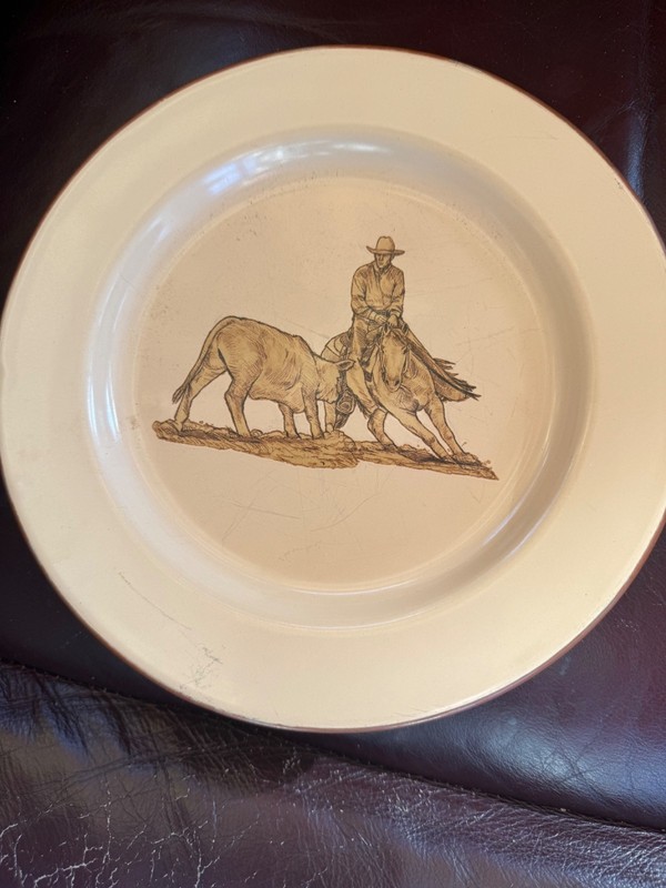 VINTAGE MARBLE CANYON SALAD PLATE 8 9NCH COWBOY HORSE COW ENAMELWARE