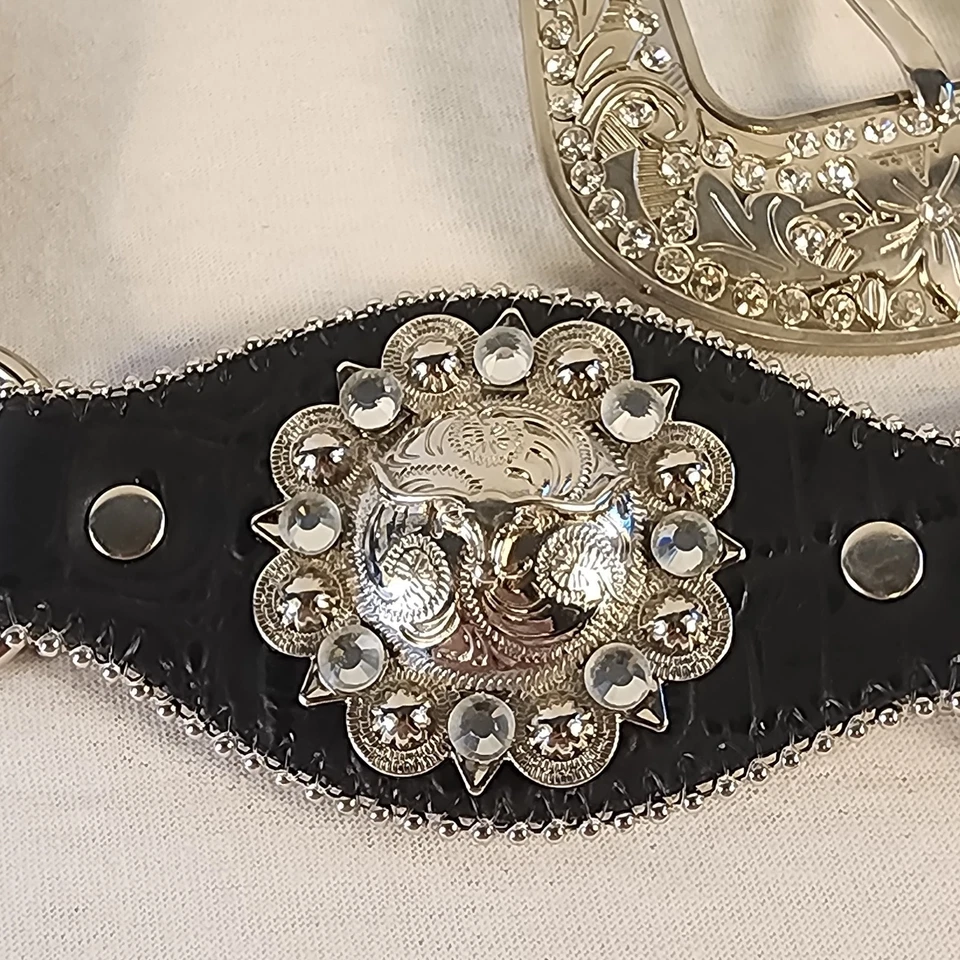 Western Negro Cuero Plata y Estrás Acento Concho Cadena Mujer XL Cinturón Foto 2 de 4