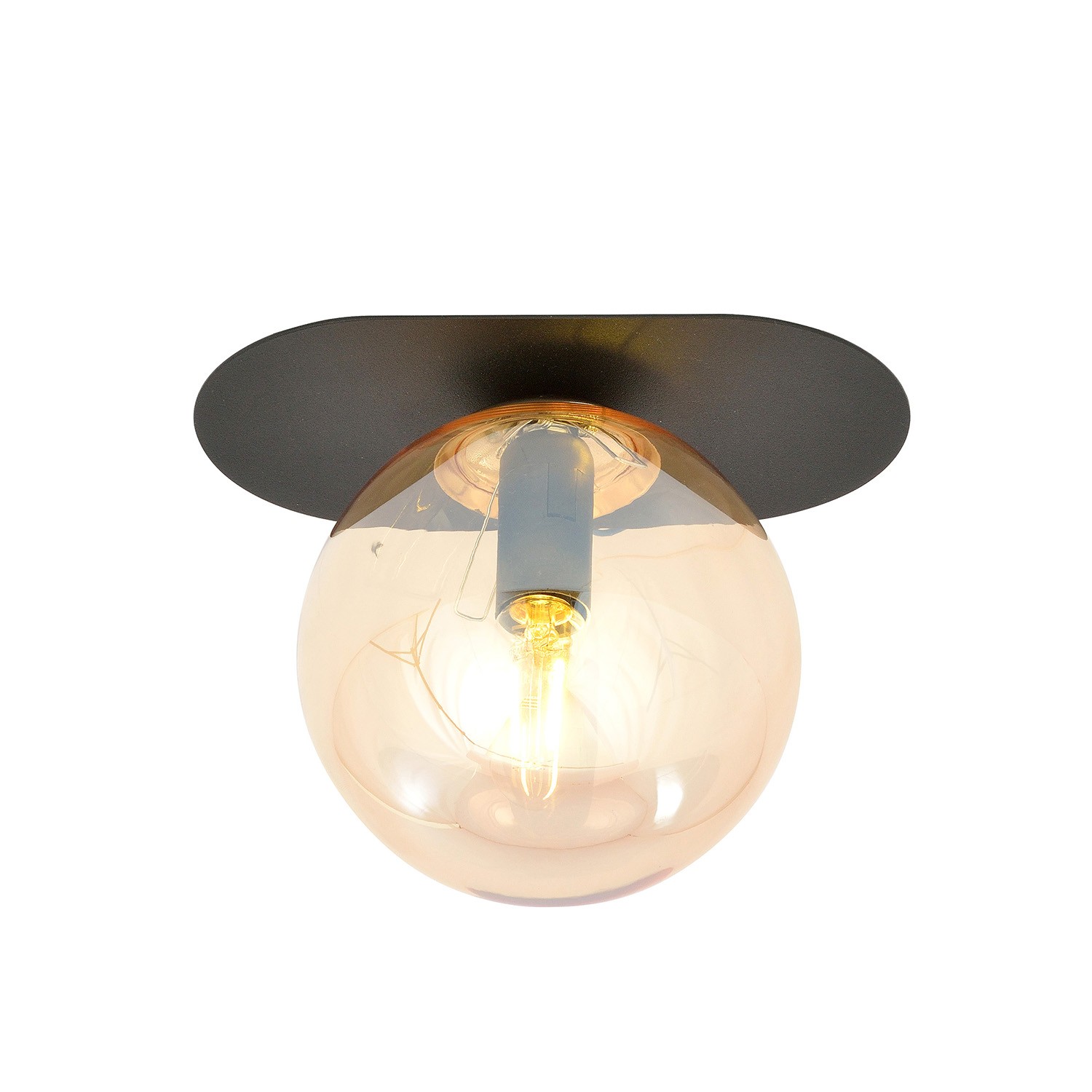 Plafoniera Minimal 1 Luce Teia In Acciaio Nero E Sfera Vetro Ambra