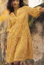Chico's Eyelet Tiered Marigold Yellow Balloon Sleeve Dress Cotton 00 Or US 2