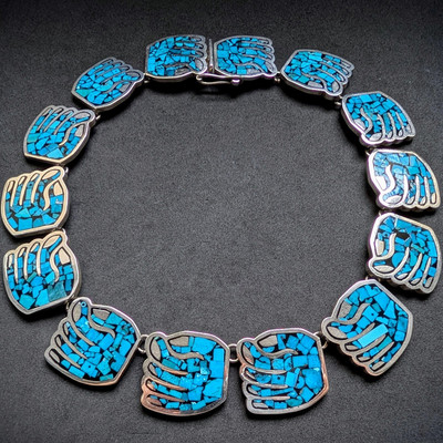 Türkis Collier Inlay Arbeit Hand Alvaro Taxco Mexico 925 Sterling Silber S