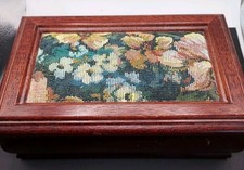 Wood Jewelry Box Floral Needlepoint Top Cream Color Interior W/Mirror 8.25" Vtg