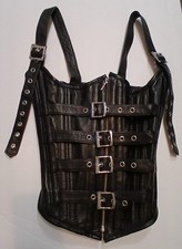 Corset Top Womens 22 Black Leather Overbust Buckle Strap Zip Gothic Punk