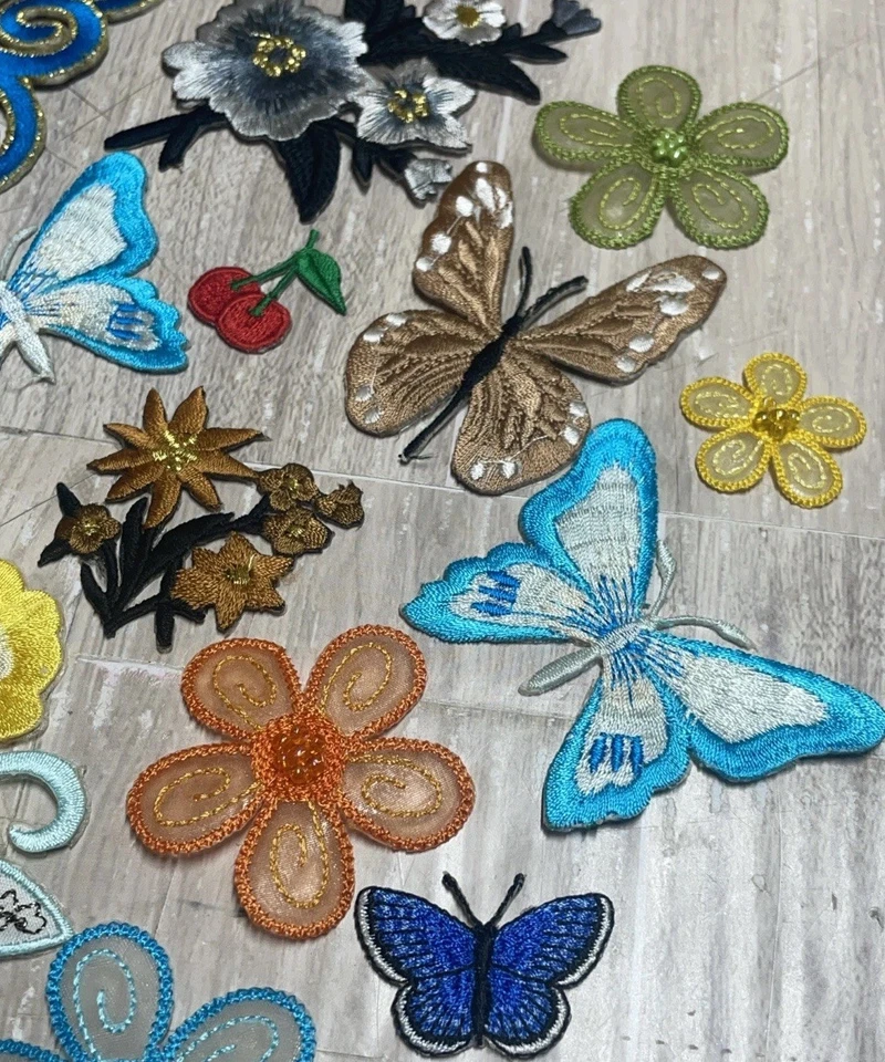 Lot of 24 Sew On Butterfly Patches Mixed Floral Cherries Embroidered Colorful - Image 2 of 4