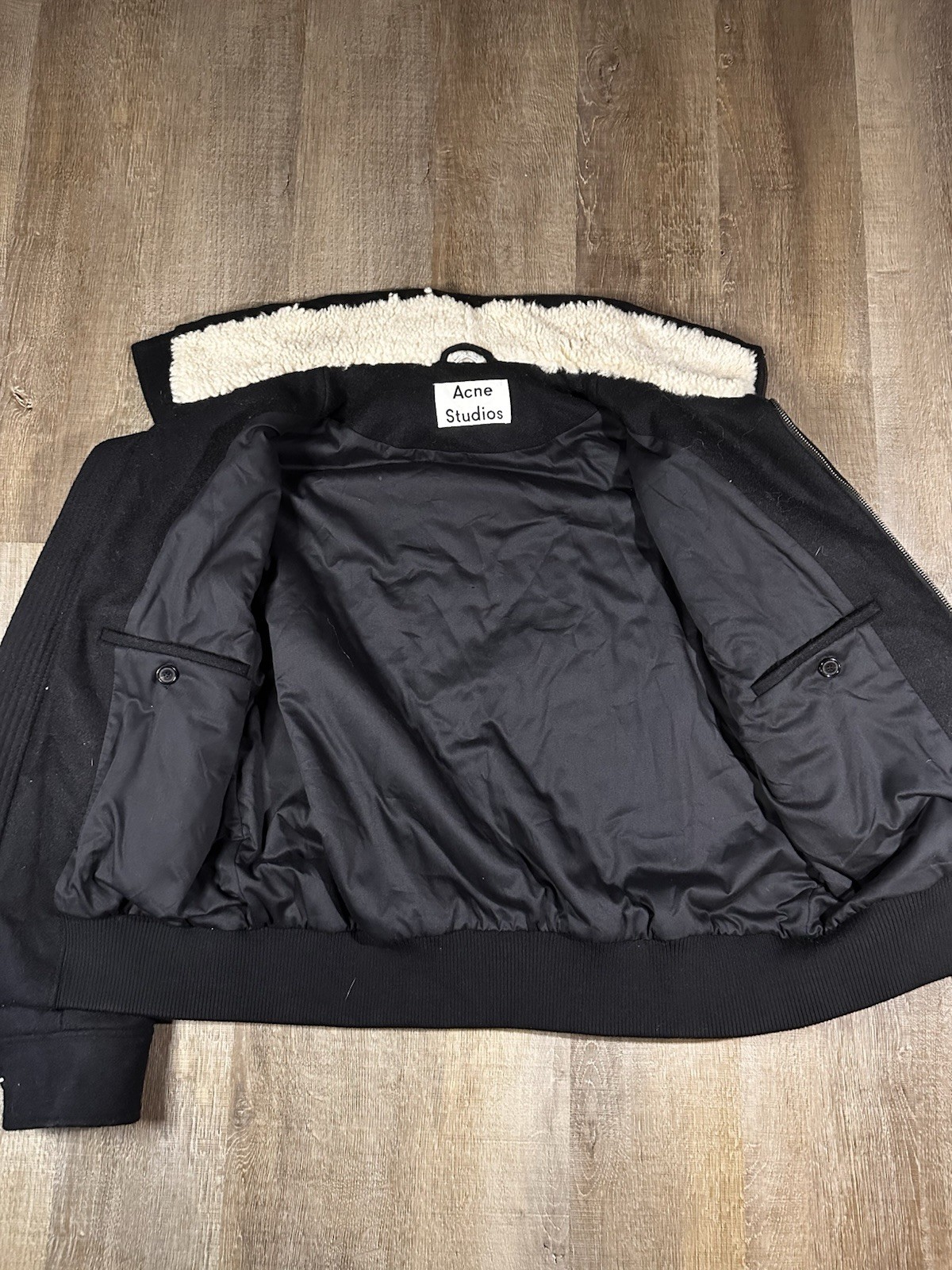 Acne Studios Mutt Shearling Trimmed Black Wool Jacket Men’s Size 48 image 8