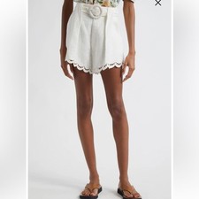 New Farm Rio Ruchelieu Embroidered Scalloped Linen Blend Shorts