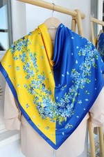Blue Yellow Floral Print Silk Satin Square Scarf for Women