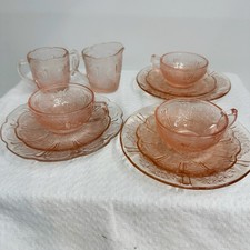 Vintage Jeanette Glass Child's 11 Piece Tea Set PINK CHERRY BLOSSOM  Mixed