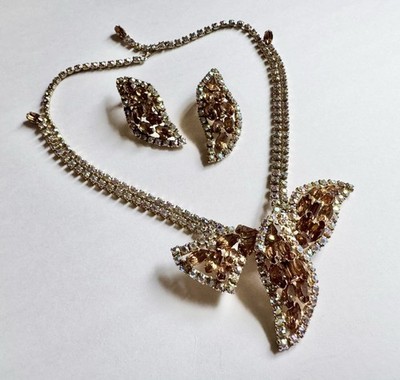 Stunning Vintage 1950-60s Topaz + Aurora Borealis Chunky Necklace + Earrings Set