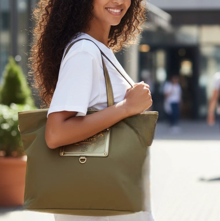 Bolso de Mano PRADA Tessuto Nylon Logo Dorado Marrón USADO Italia Foto 3 de 4