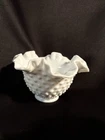 Vintage FENTON White Milk Glass Hobnail Crimped Ruffle Edge Bowl Vase 6” X 4”