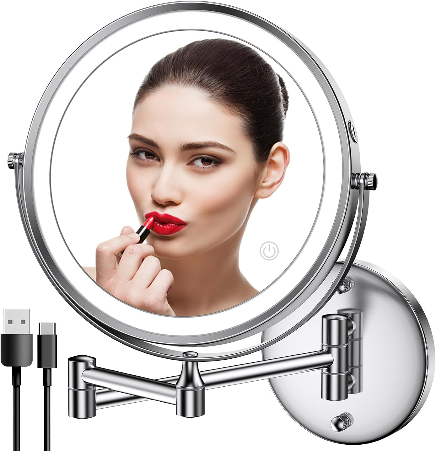 Rechargeable Wall Mounted Lighted Makeup Mirror, 8 Inch Double-Sided LED Vanity