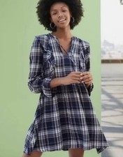 NWT Loft 100% Rayon Navy Gray Plaid Tie Neck Ruffle Fit & Flare Dress Sz M