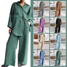 Women Casual Cotton Linen Blend Suit Long Sleeve Shirt Pants Sets Loose Outfits
