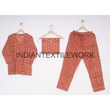 Hand Block Printed Cotton Pajama Set Flower Design Sleepwear Indian Women Dress
