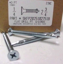 1/4-20X2-3/4 FLAT PHILLIPS WINGED SELF-DRILLING SCREWS STEEL ZINC PLATED (20)