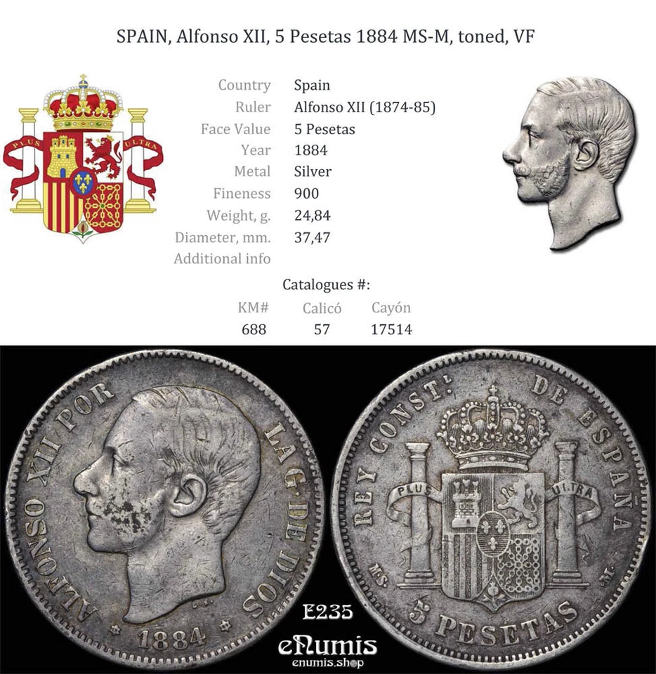 SPAIN, Alfonso XII, 5 Pesetas 1884 MS-M, toned, VF - Image 3 of 4