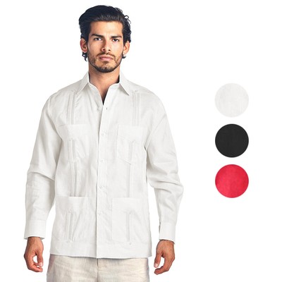 Men S Premium Cuban Beach Long Sleeve Button Up Linen Guayabera Dress Shirt Ebay