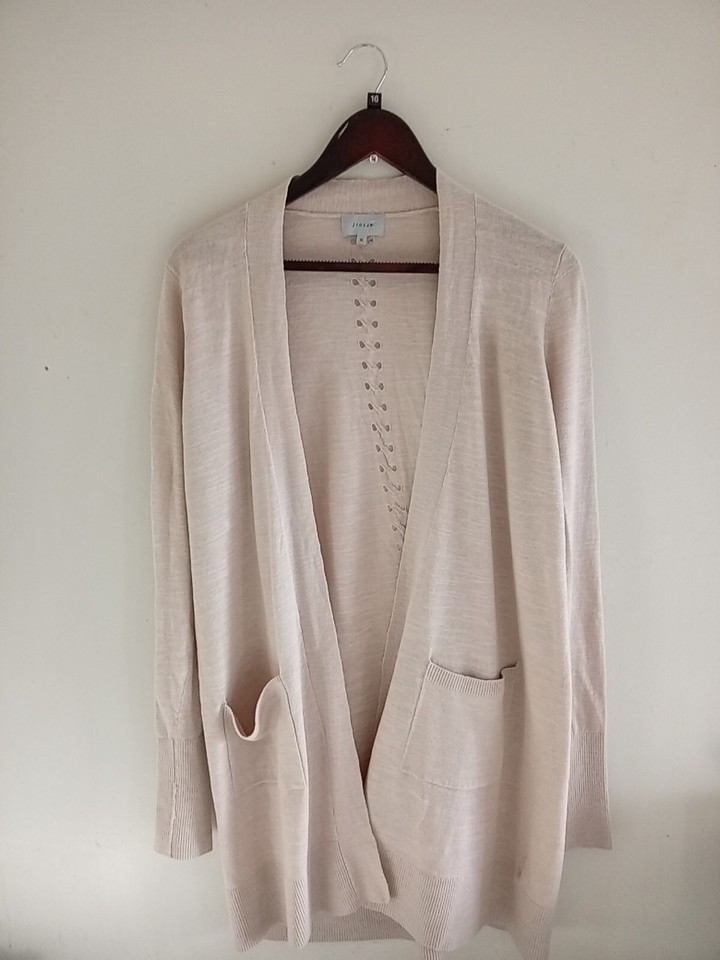 Jigsaw Long Open Cardigan Medium 12/14 Linen/Cotton Camel Beige Ex eBay