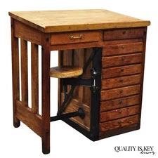 Antique Arts & Crafts Oak Jewelers Workbench Desk Drafting Table w/ Swivel Stool