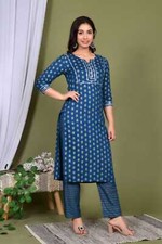 Indian Bollywood Women Girls New trends Blue cotton kurta with paint Set