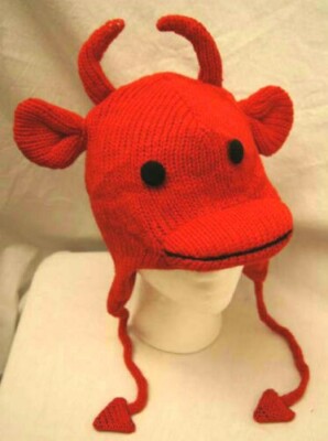 RED DEVIL HAT Knit ADULT Fleece LINED toque beanie animal deLux costume ski cap