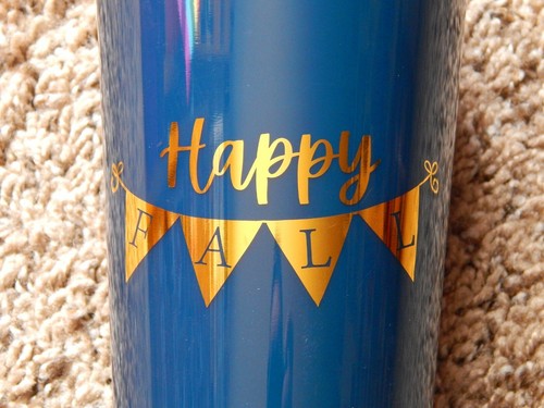 HAPPY FALL THEME 16 OZ VASO GOBELET TAZA CON TAPA GIRATORIA AZUL FRÍO CALIENTE DORADO NUEVO - Imagen 2 de 7