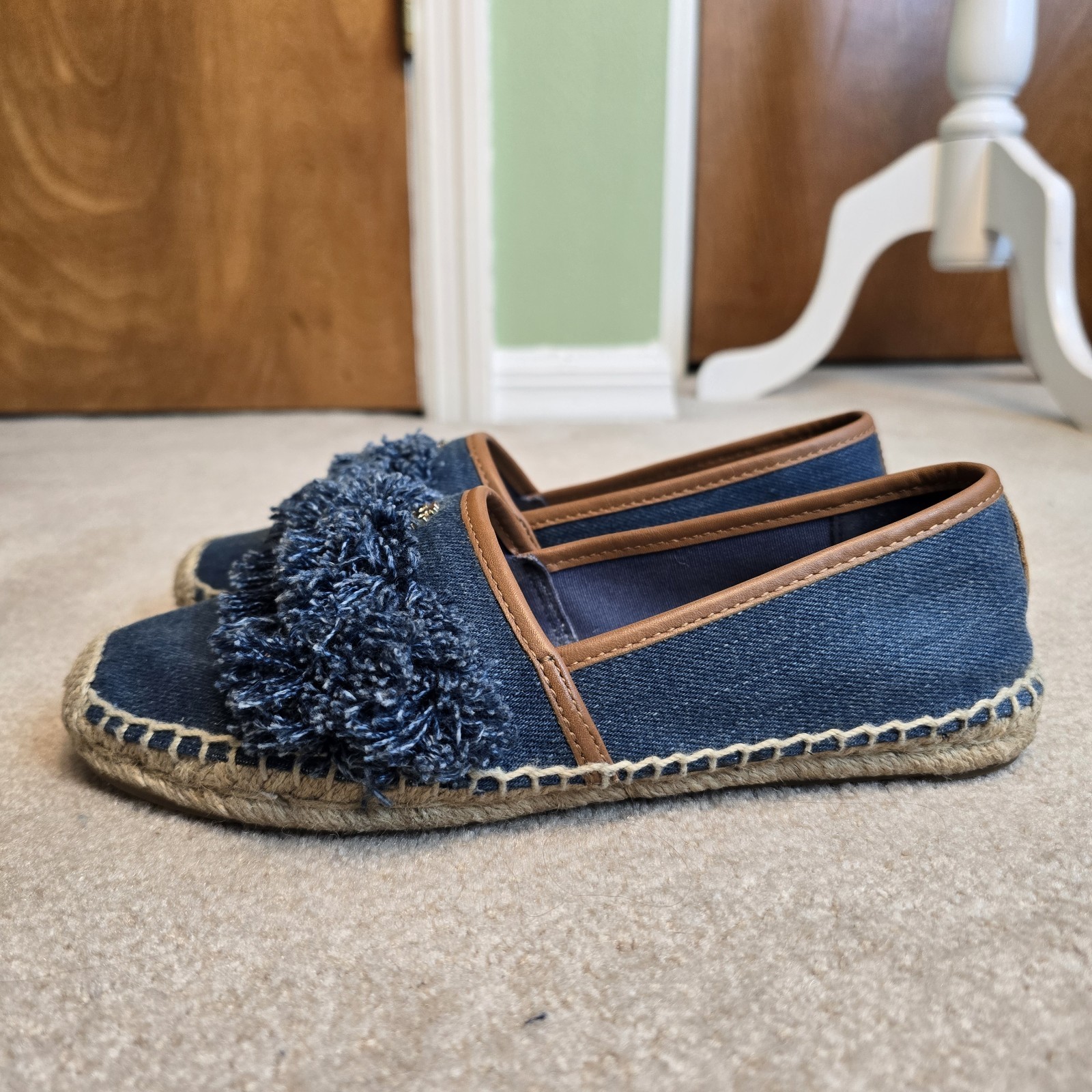 Tory Burch Navy Blue Denim Shaw Fringe Espadrille Flats Size 7.5 thumbnail 5