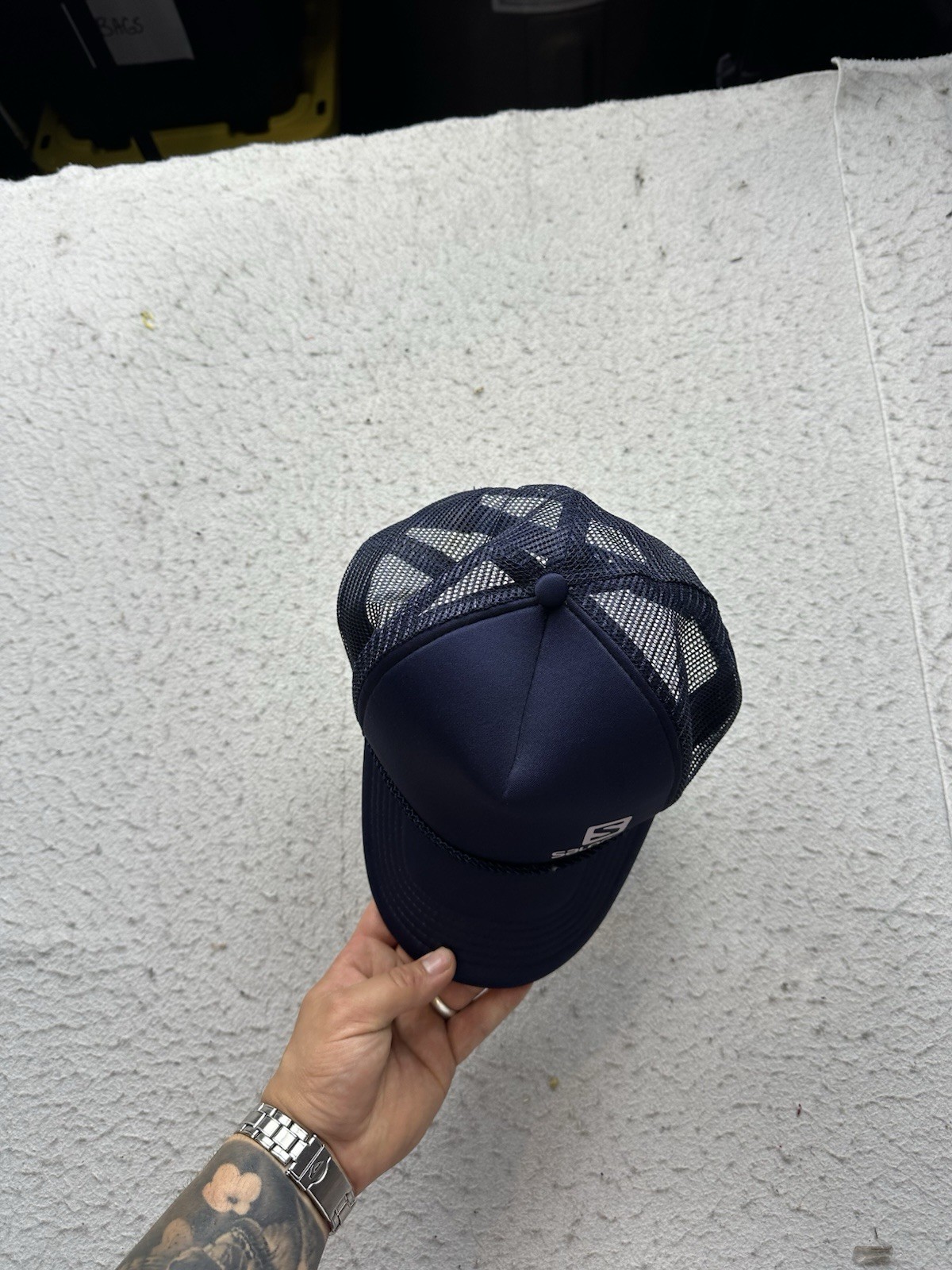 Cappello camionista vintage uomo Salomon Spellout anni 90 escursionismo Gorpcore blu snapback