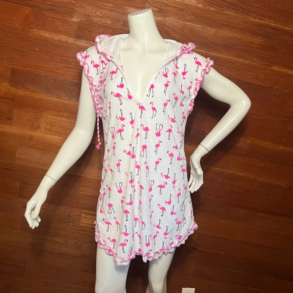 BETSEY JOHNSON Flamingo Terry Bath Robe Hooded Mini Dress Size Large Coquette - Image 2 of 4