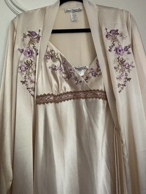Linea Donatella Satin Floral Embroidered Robe & Gown Set Belted Tie M
